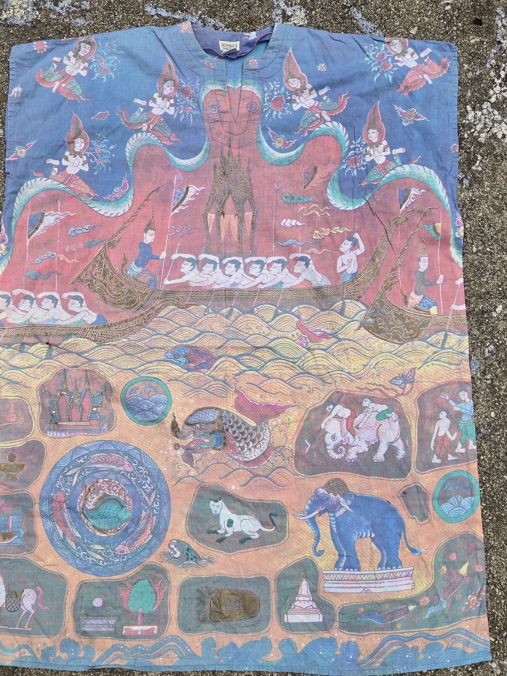 Hand-Painted Mythical Scene Wall Hanging in Blue and Pink
